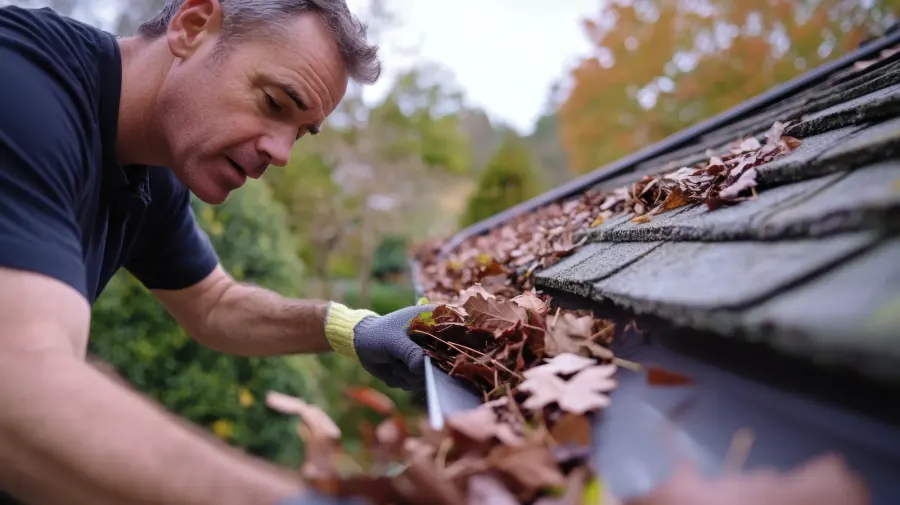 A gutter being cleared by hand of packed autumn leaves on a house roofline